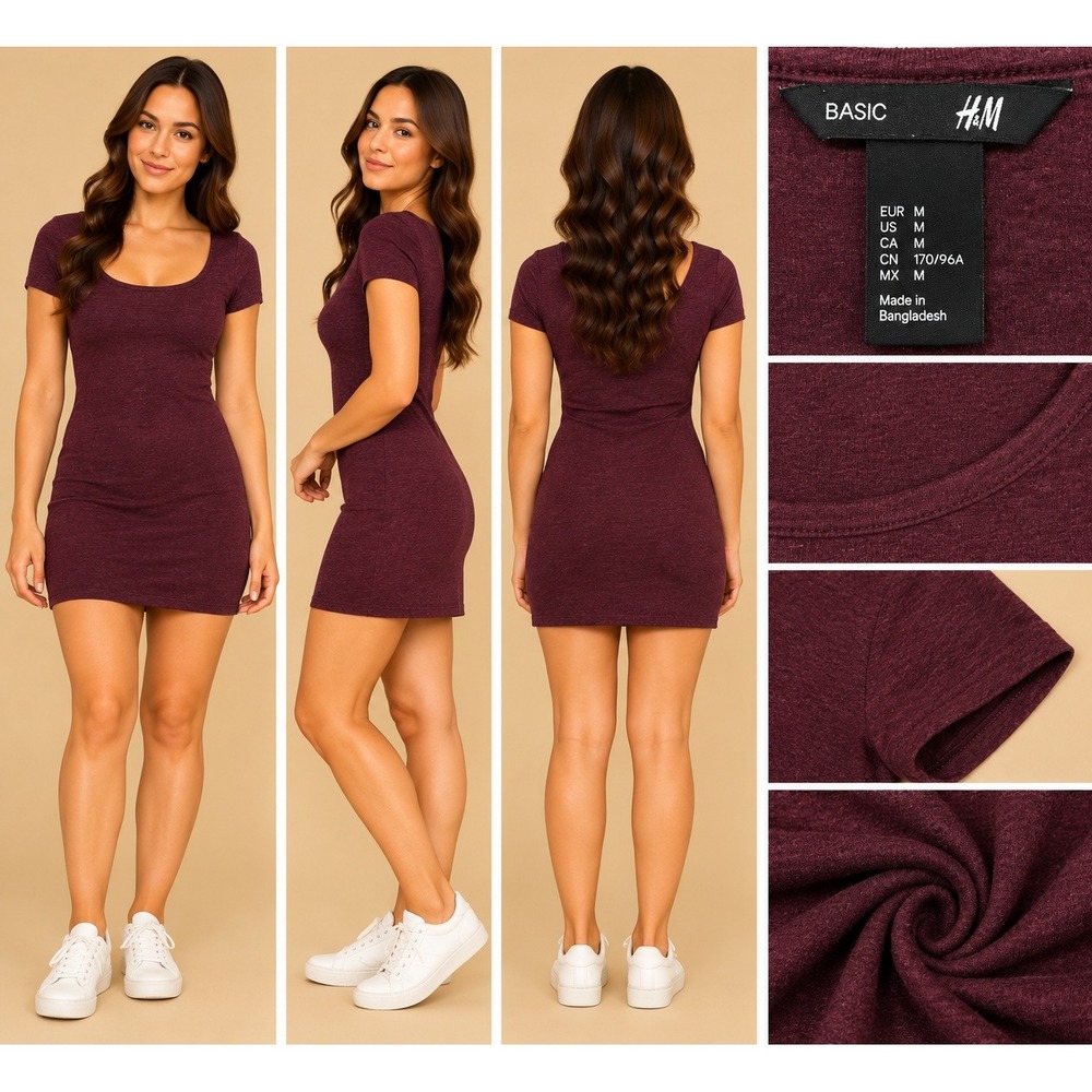 H&M Mini Dress Women M Burgundy Minimalist Clean Girl Short Sleeve Scoop Neck